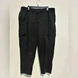 Eileen Fisher Cropped Pull On Black Drawstring Lounge Pants Size XL Organic Lin